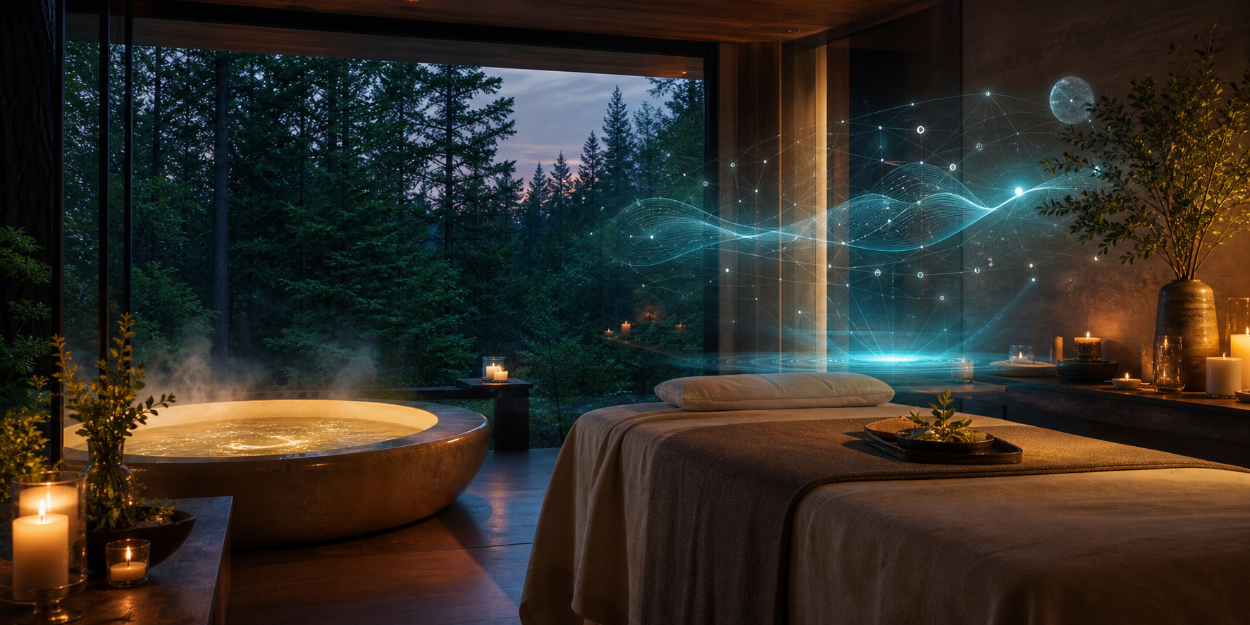 AI Therapy spa room with forest view and gentle light interface